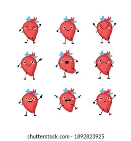  Cute heart  organs character set  in a flat cartoon style. Human organs person with the different emotions. Vector kawaii illustration isolated on white background