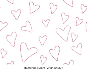 Cute Heart outline seamless Pattern. Pencil Crayon texture Child drawing. Doodle pink heart. Love abstract illustration. Kids funny background
