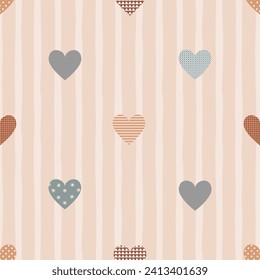 Cute heart patches striped seamless pattern, pastel palette. Valentine background