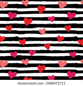 Cute heart pattern, valentines day, backgroud, stripes, red, purple, pink, hearts, black and white, flat, colorful, love, happy, fabric, print, fashion, vector illustration.