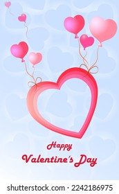 Cute heart with pink balloons on a light blue background and red text Happy Valentine's Day. Vector illustration for social media banner, website banner, online shopping, sale ads, greeting cards, mar