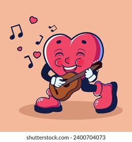 Cute heart playing guitar on beige background. Valentine's Day c