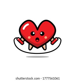 Cute Heart Playing Jump Rope Cartoon Vector Icon Illustration. Isolated on white background. Love Heart Cartoon Style Suitable for Sticker, Web Landing Page, Banner, Flyer, Mascots, poster.