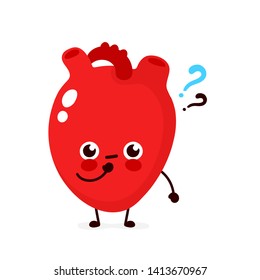 Cute heart with question mark character. Vector flat cartoon character illustration icon design. Isolated on white background. Heart thinking concept