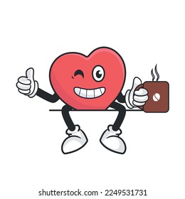 Cute heart retro mascot vector illustration with funny face. Vintage style cartoon character for valentines day cards and gifts.