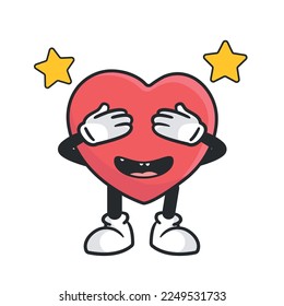 Cute heart retro mascot vector illustration with funny face. Vintage style cartoon character for valentines day cards and gifts.