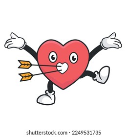 Cute heart retro mascot vector illustration with funny face. Vintage style cartoon character for valentines day cards and gifts.