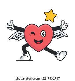 Cute heart retro mascot vector illustration with funny face. Vintage style cartoon character for valentines day cards and gifts.