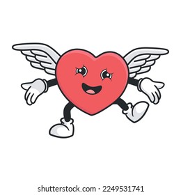 Cute heart retro mascot vector illustration with funny face. Vintage style cartoon character for valentines day cards and gifts.