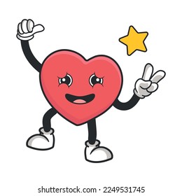 Cute heart retro mascot vector illustration with funny face. Vintage style cartoon character for valentines day cards and gifts.