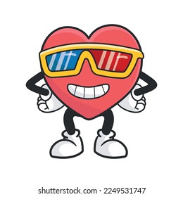 Cute heart retro mascot vector illustration with funny face. Vintage style cartoon character for valentines day cards and gifts.