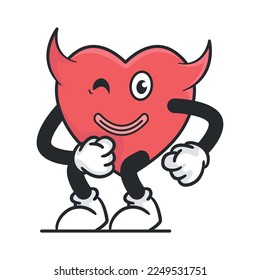 Cute heart retro mascot vector illustration with funny face. Vintage style cartoon character for valentines day cards and gifts.