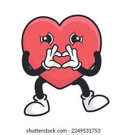 Cute heart retro mascot vector illustration with funny face. Vintage style cartoon character for valentines day cards and gifts.