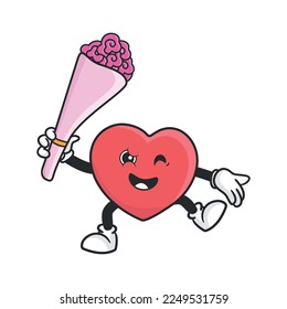 Cute heart retro mascot vector illustration with funny face. Vintage style cartoon character for valentines day cards and gifts.