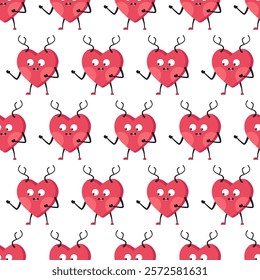 Cute Heart Seamless Pattern, Cartoon Emotion Adorable Mascot, vector pattern featuring heart characters with various emotions. Perfect for Valentine's Day designs, love-themed projects, emotional cont