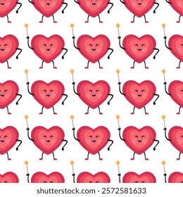 Cute Heart Seamless Pattern, Cartoon Emotion Adorable Mascot, vector pattern featuring heart characters with various emotions. Perfect for Valentine's Day designs, love-themed projects, emotional cont