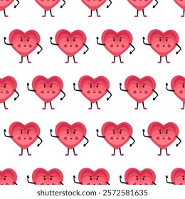 Cute Heart Seamless Pattern, Cartoon Emotion Adorable Mascot, vector pattern featuring heart characters with various emotions. Perfect for Valentine's Day designs, love-themed projects, emotional cont