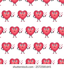 Cute Heart Seamless Pattern, Cartoon Emotion Adorable Mascot, vector pattern featuring heart characters with various emotions. Perfect for Valentine's Day designs, love-themed projects, emotional cont