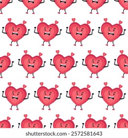 Cute Heart Seamless Pattern, Cartoon Emotion Adorable Mascot, vector pattern featuring heart characters with various emotions. Perfect for Valentine's Day designs, love-themed projects, emotional cont