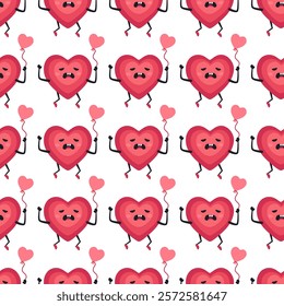 Cute Heart Seamless Pattern, Cartoon Emotion Adorable Mascot, vector pattern featuring heart characters with various emotions. Perfect for Valentine's Day designs, love-themed projects, emotional cont