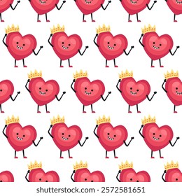 Cute Heart Seamless Pattern, Cartoon Emotion Adorable Mascot, vector pattern featuring heart characters with various emotions. Perfect for Valentine's Day designs, love-themed projects, emotional cont