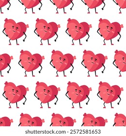 Cute Heart Seamless Pattern, Cartoon Emotion Adorable Mascot, vector pattern featuring heart characters with various emotions. Perfect for Valentine's Day designs, love-themed projects, emotional cont