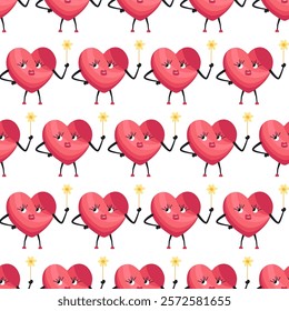 Cute Heart Seamless Pattern, Cartoon Emotion Adorable Mascot, vector pattern featuring heart characters with various emotions. Perfect for Valentine's Day designs, love-themed projects, emotional cont