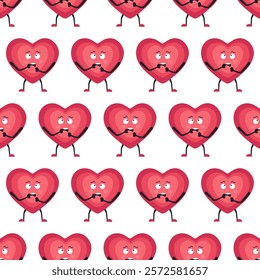 Cute Heart Seamless Pattern, Cartoon Emotion Adorable Mascot, vector pattern featuring heart characters with various emotions. Perfect for Valentine's Day designs, love-themed projects, emotional cont