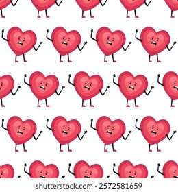 Cute Heart Seamless Pattern, Cartoon Emotion Adorable Mascot, vector pattern featuring heart characters with various emotions. Perfect for Valentine's Day designs, love-themed projects, emotional cont