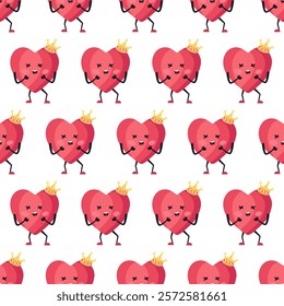 Cute Heart Seamless Pattern, Cartoon Emotion Adorable Mascot, vector pattern featuring heart characters with various emotions. Perfect for Valentine's Day designs, love-themed projects, emotional cont