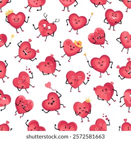 Cute Heart Seamless Pattern, Cartoon Emotion Adorable Mascot, vector pattern featuring heart characters with various emotions. Perfect for Valentine's Day designs, love-themed projects, emotional cont