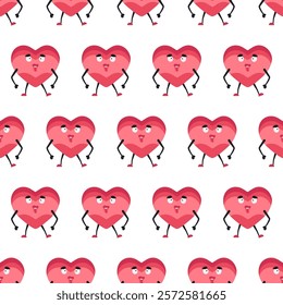 Cute Heart Seamless Pattern, Cartoon Emotion Adorable Mascot, vector pattern featuring heart characters with various emotions. Perfect for Valentine's Day designs, love-themed projects, emotional cont