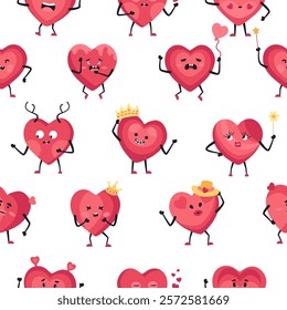 Cute Heart Seamless Pattern, Cartoon Emotion Adorable Mascot, vector pattern featuring heart characters with various emotions. Perfect for Valentine's Day designs, love-themed projects, emotional cont