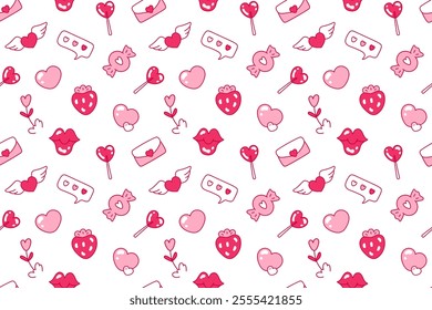 Cute heart seamless pattern. Lovely romantic background, great for mother's day, textile, wallpaper, banners, wrapping for birthday. Pattern with different Valentine's Day symbols. Vector illustration