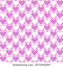Cute Heart Seamless Pattern. White Heart And Checkered Purple Heart Inside Pink And White Squares. Vector.