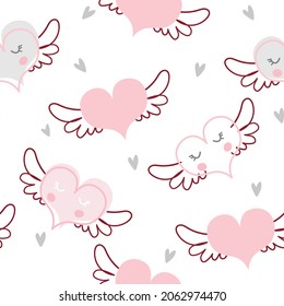 Cute heart seamless pattern,flying heart with wings and emotion face, vector illustration for design, fashion prints, decor, paper and other etc.
