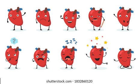 Cute heart set. Human organ with face and different emotions, happy, sad, angry, sick and healthy cartoon character. Vector illustrations for cardiovascular system and healthcare concept