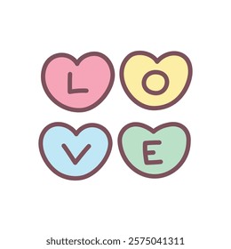 Cute heart shape candies icon. Hand drawn illustration of colorful sweetheart candies with text "love" isolated on a white background. Kawaii St. Valentine day sweets sticker. Vector 10 EPS.