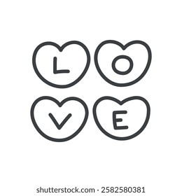 Cute heart shape candies icon. Hand drawn monochrome illustration of sweetheart candies with text "love" isolated on a white background. Kawaii St. Valentine day sweets sticker. Vector 10 EPS.