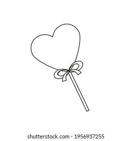 Cute heart shape candy on a wooden stick with a bow. Isolated sweet treat for coloring pages in the white background. Flat style illustration.