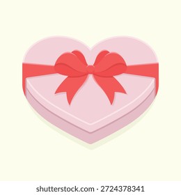 Linda caja de chocolate en forma de corazón con lazo rojo para el Día de San Valentín. Elemento de diseño para tarjetas de felicitación, carteles e invitación. Amor regalo romántico, Ilustración vectorial de vacaciones.