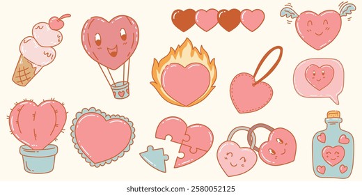 Cute heart shape emoticons hand drawn icons stickers for valentine's day