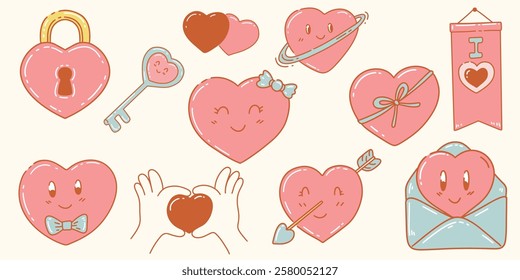 Cute heart shape emoticons hand drawn icons stickers for valentine's day