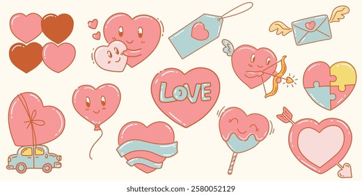 Cute heart shape emoticons hand drawn icons stickers for valentine's day