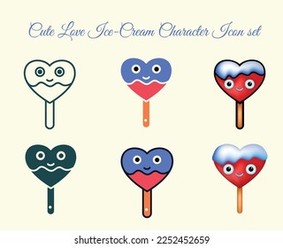 Cute Heart shape Ice-cream Icon Set, fill, flat, line, 3d icon set for valentine's day love day