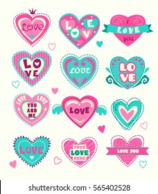 Cute Heart Shape Labels Set. Pretty Vector Lovely Stickers For Valentine's Day. I Love You Inscription.