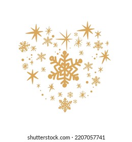 Forma de corazón suave hecha por copos de nieve en estilo vector de doodle.