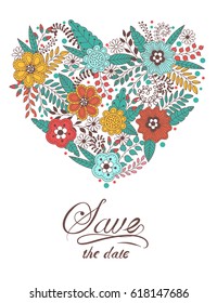Cute heart shape made of flowers and leaves. Beautiful floral background. Use for card, greeting, invitation, wedding, party, hen-party, mother's day, valentine. Vector illustration