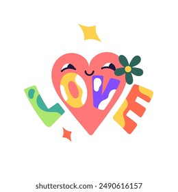 Cute heart shape sticker. Happy symbol of romantic feelings with Love word. Comic sign of relationships, St. Valentine's Day in doodle style. Flat isolated vector illustration on white background