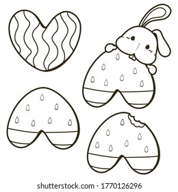 Cute heart shape watermelon, heart shape watermelon slice and abbit doodle, Picture to Coloring page, Vector illustration.